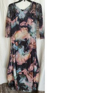 Floral Charmeuse & Lace Cocktail Midi Dress